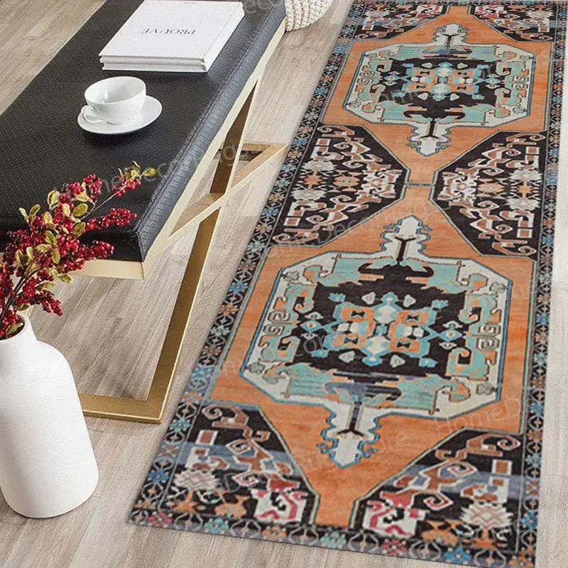 オレンジと黒のキリム柄のエレガントなアステカ風プリントラグ