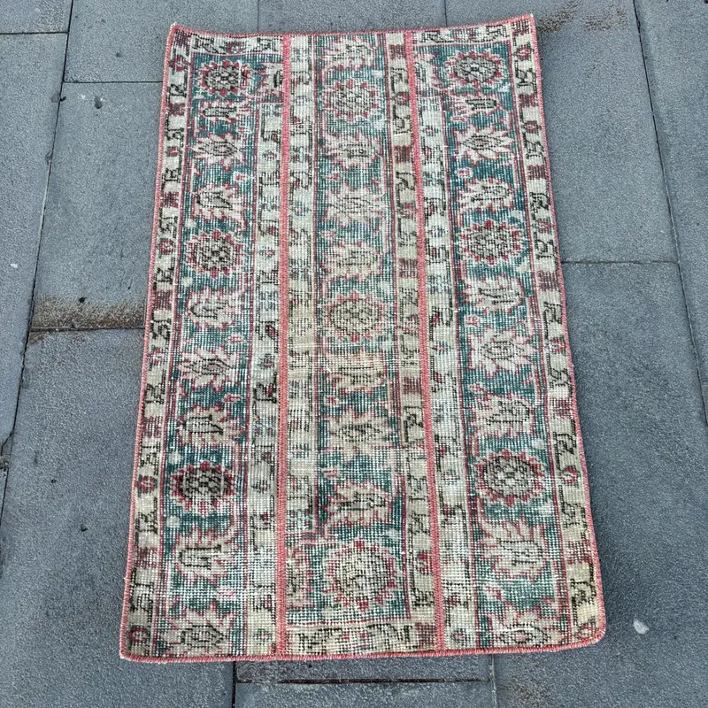 Turkish Vintage Rug 1.8x3 ft, Blue Oushak Check Rug - 1