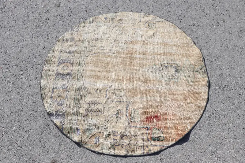 Vintage Türk Oushak Vurgulu Halı 3,9x3,9 ft, Kahverengi Ombré Halı Yün - 1