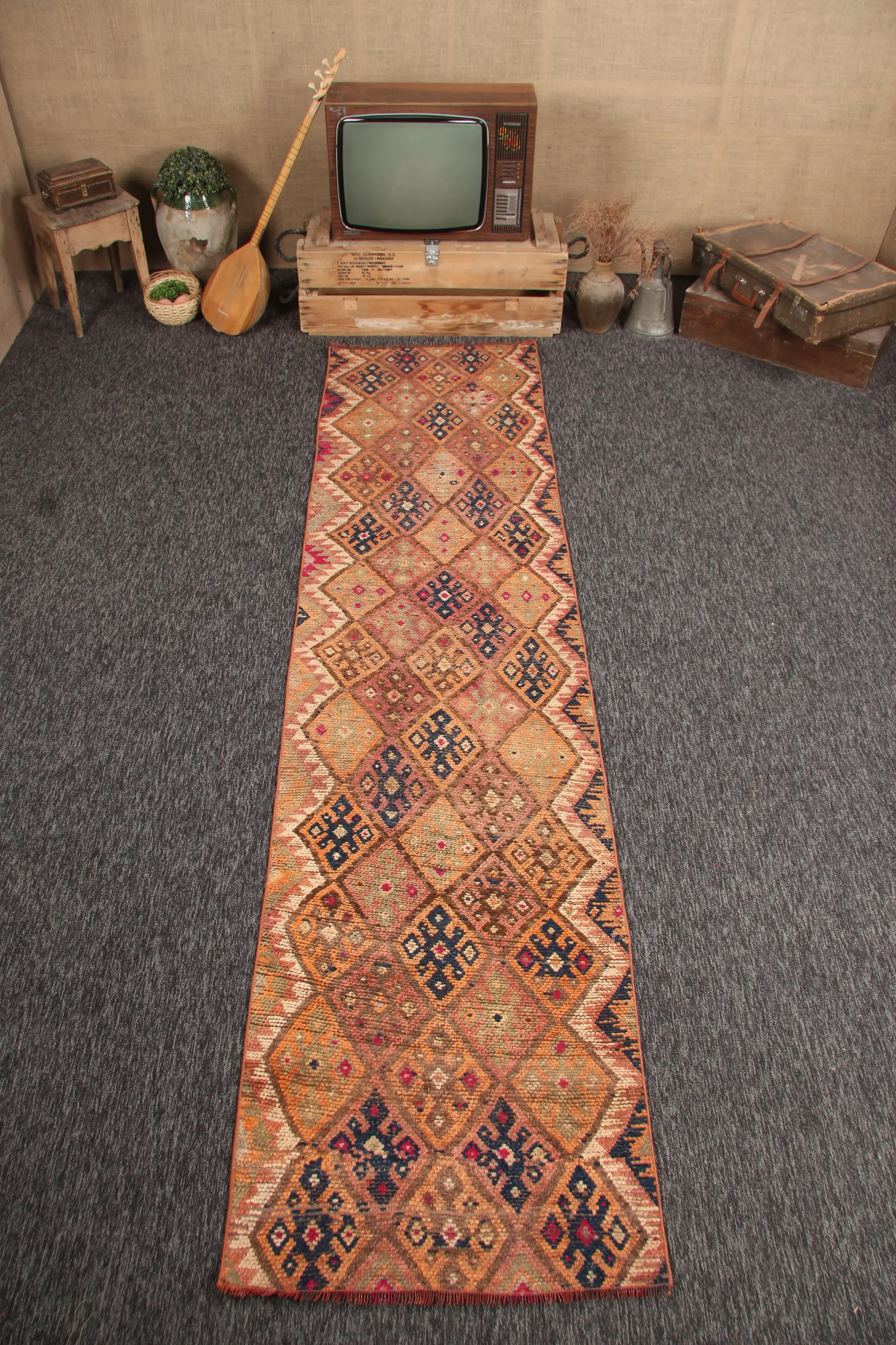 2.5x10.3 ft Rug, Turkish Vintage Rug, Orange Rainbow Geometric Rug - 1
