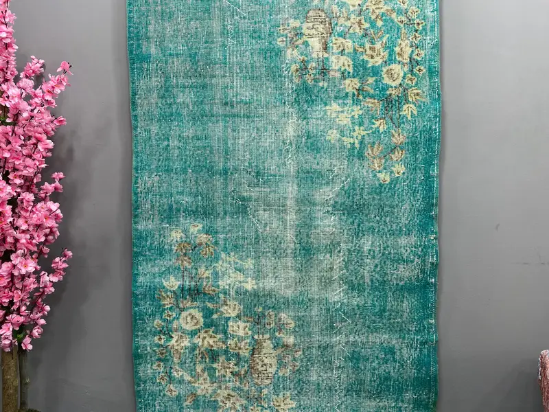 Yeşil Geometrik Halı, Çiçek Motifli 3,8x6,5 ft