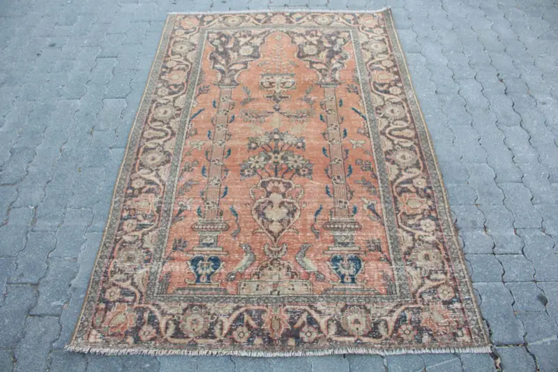 Turkish 4.1x6 ft Rug, Area Vintage Rug, Red Blue Patchwork Wool Rug - 1