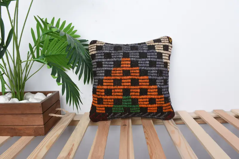 Almohada de diseñador de interiores, almohada simulada, caja de almohada auténtica, caja de almohada de naranja 14x14, almohada Kilim, almohada vintage - 1