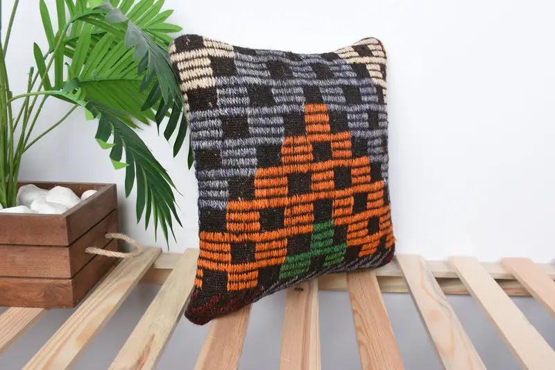 Almohada de diseñador de interiores, almohada simulada, caja de almohada auténtica, caja de almohada de naranja 14x14, almohada Kilim, almohada vintage - 4