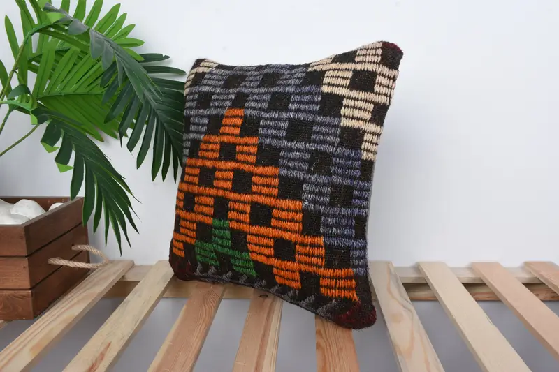 Almohada de diseñador de interiores, almohada simulada, caja de almohada auténtica, caja de almohada de naranja 14x14, almohada Kilim, almohada vintage - 5