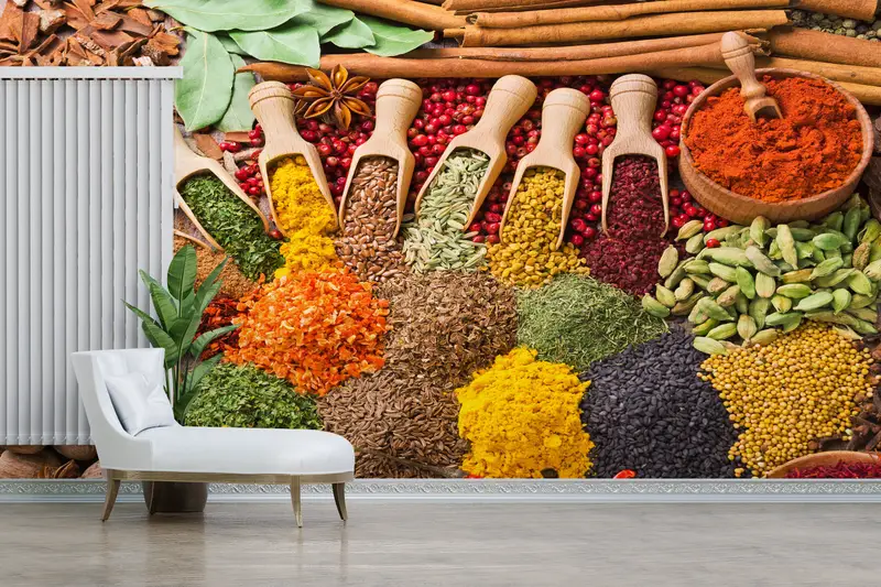 Trendy Çiftlik Evi Mutfak Duvar Kağıdı: Renkli Baharatlar Baskılı Tasarım