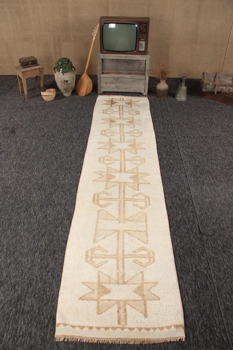 Alfombra turca, alfombra corredor de 2,7x11,6 pies, alfombra vintage de lana del suroeste blanco - 1