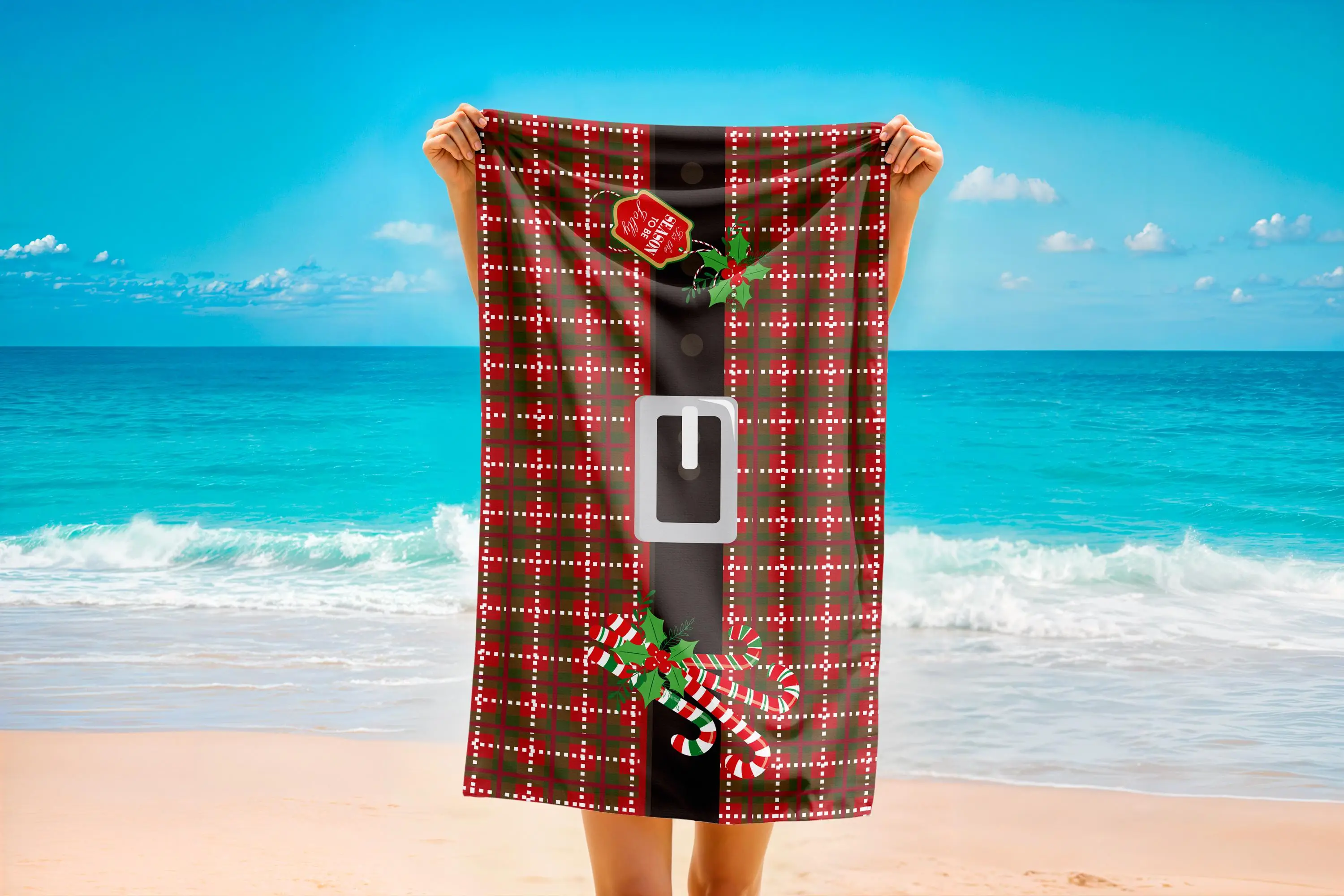 Santa Belt Plaid Christmas Printed Towel, 12x20 inch - 1