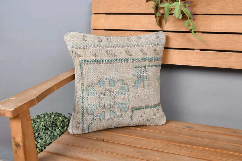Customized Pillow Sham, Handmade Kilim Cushion, Outdoor Patio Pillow, Pillow Case, 14x14 Beige Cushion, Turkish Pillow, Kilim Cushion Sham - 1