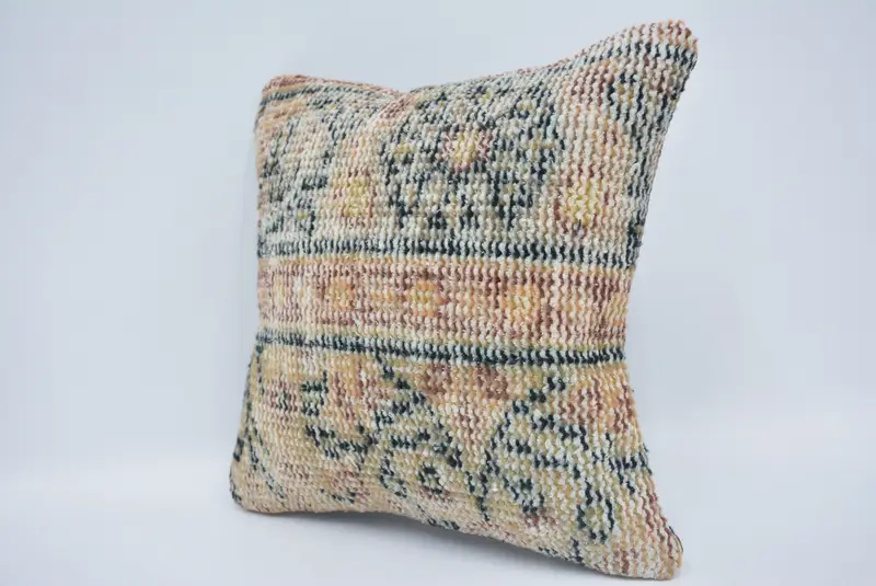 Floor Pillow Cover, Sustainable Cushion, Ethnical Kilim Rug Pillow, 14x14 Beige Pillow Cover, Cushion Cover, Kilim Pillow Cover, Gift Pillow - 4