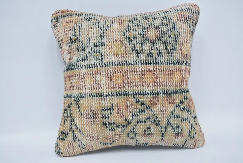 Floor Pillow Cover, Sustainable Cushion, Ethnical Kilim Rug Pillow, 14x14 Beige Pillow Cover, Cushion Cover, Kilim Pillow Cover, Gift Pillow - 1