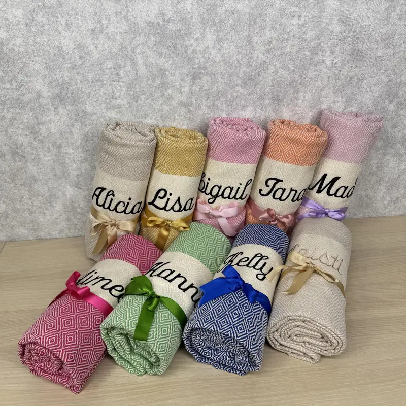 Personalized Turkish Cotton Beach Towel Beige Diamond Weave, 70x40 Inches