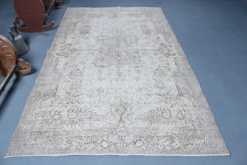 5.4x9.1 ft Türk Halısı, Vintage Büyük Halı, Gri Beyaz İkat Halı - 1