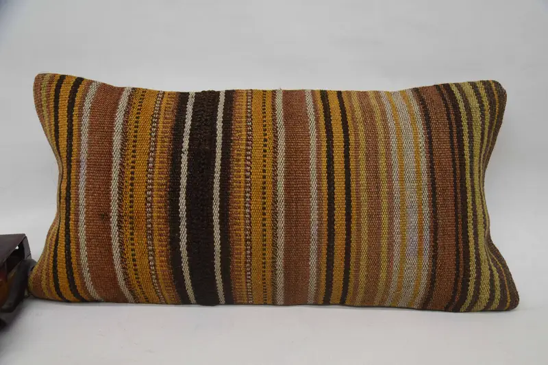 Handmade Kilim Cushion, Meditation Cushion Case, Ethnical Kilim Rug Pillow, 12x24 Orange Cushion Case, Vintage Pillow, Cushion Cover - 4