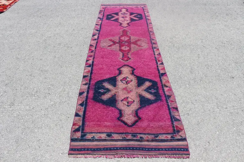 3x10.6 ft Turkish Vintage Rug, Runner Rug, Herki Red Wool Rug - 1