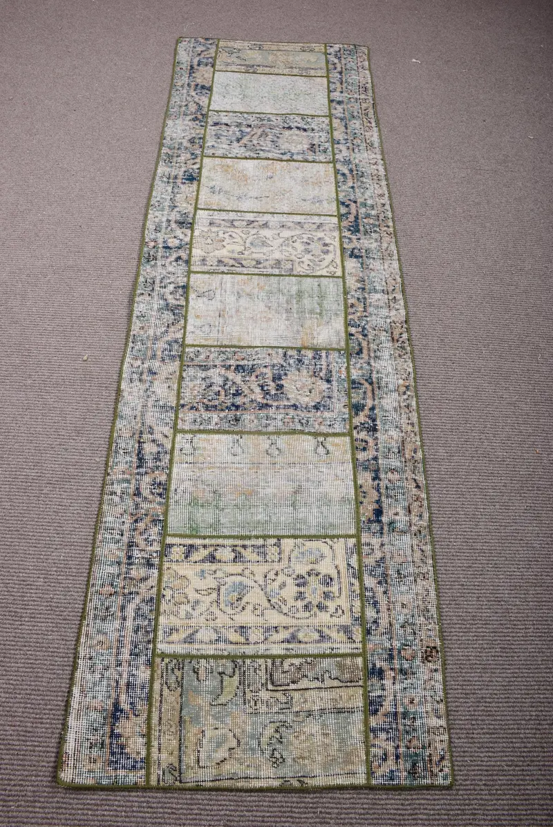 Zarif Yeşil ve Mavi Halı, 2,3x7,9 ft Çiçek ve Geometrik