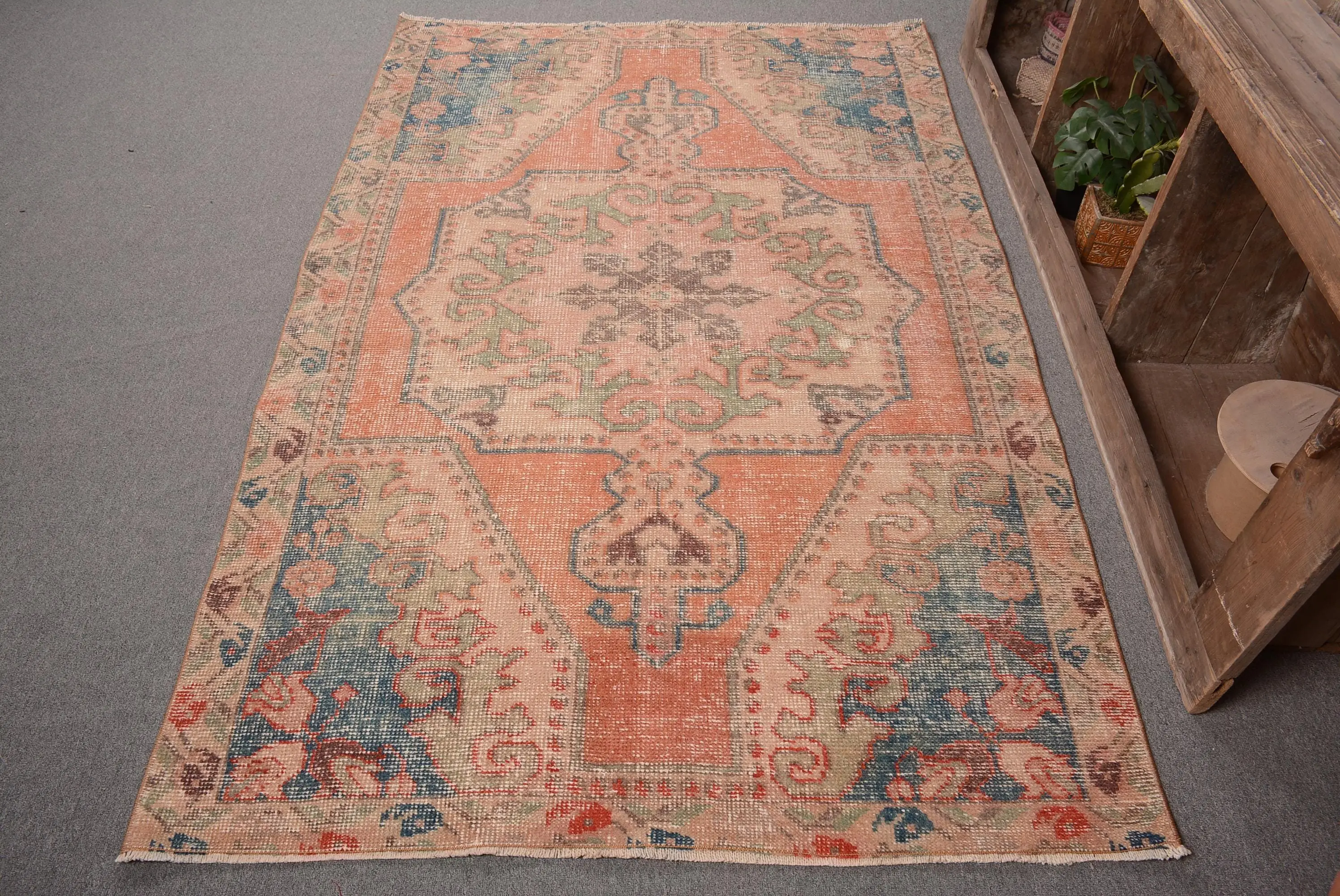 Vintage 4.4x7 ft Rug, Area Turkish Rug, Orange Oriental Wool Rug - 1