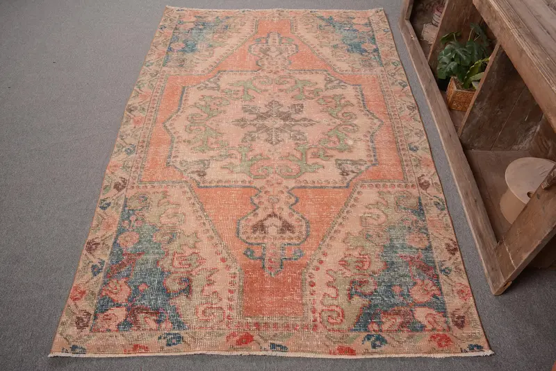 ハンドメイド 4x7 フィート ラグ、鮮やかなオレンジ & ブルー オリエンタル