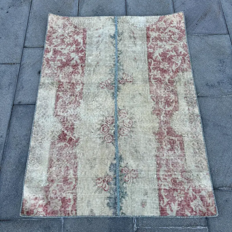 Turkish Vintage Oushak Rug 2.8x3.8 ft (84x115 cm), Red Patchwork Wool Rug - 1