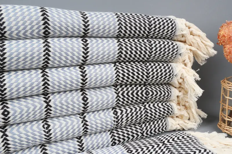 Personalized Turkish Towel Black-Blue Diamond Striped, 40x79 Inches