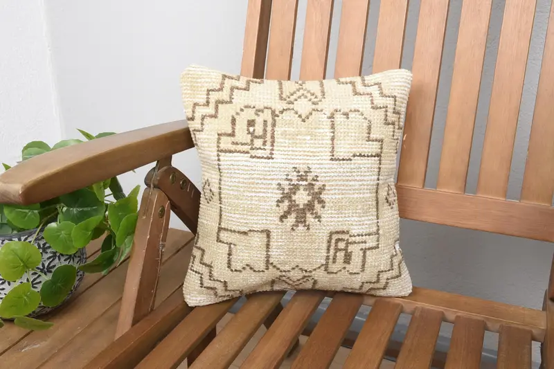 Small Square Turkish Cushion Cover, Beige Antique 12x12 inch Pillow Cover - 1