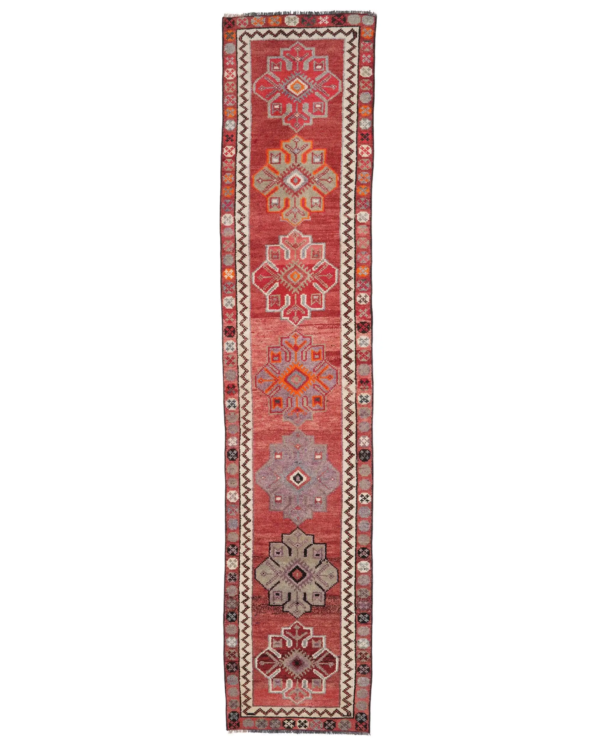 Türkischer Herki-Teppich 2,7 x 12,9 Fuß, rotgrauer Ikat-Woll-Vintage-Teppich - 1