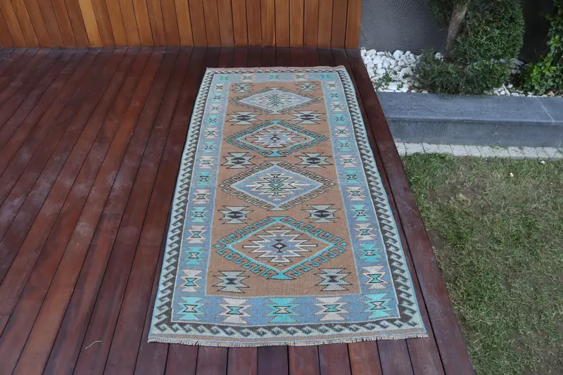2.9x6.1 ft Oushak Halı, Vintage Türk Halısı, Mavi Kahverengi Kareli Halı - 1
