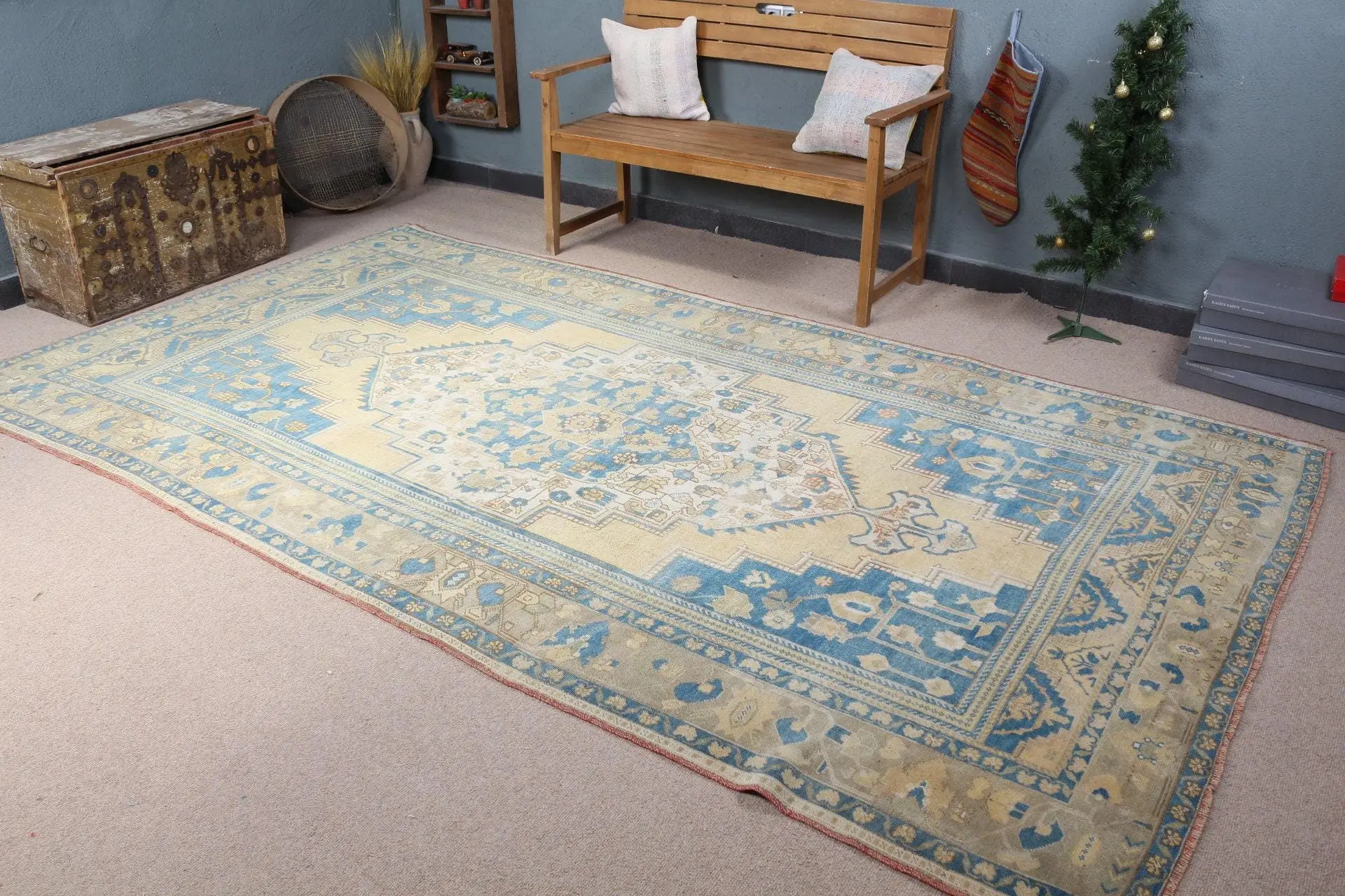 Vintage Türk Halısı 6x10.7 ft, Mavi Yün Halı - 1
