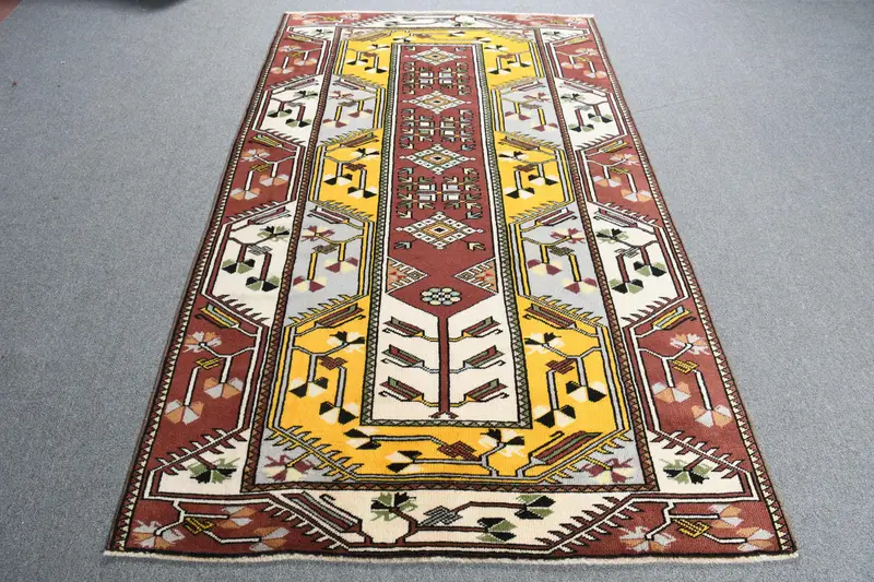 Vintage Rug, 4.2x7.3 ft Area Rug, Brown Yellow Oushak Wool Rug - 1