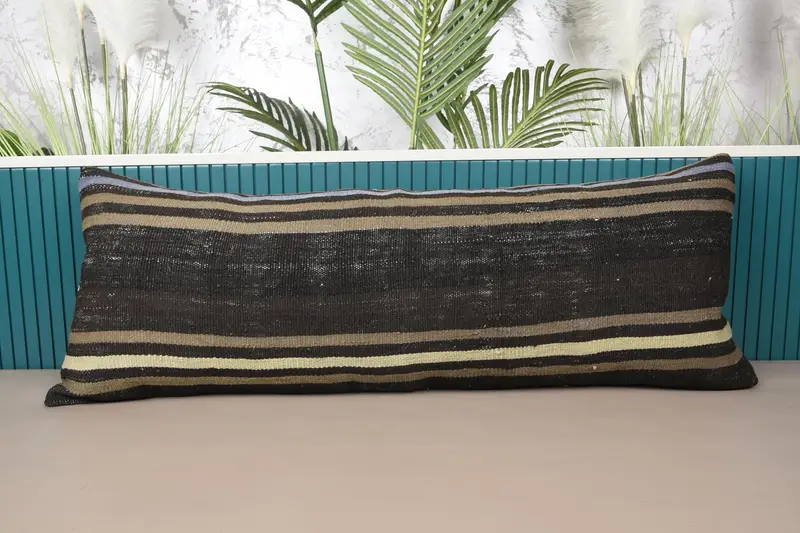 ベージュ 40x107 cm ヴィンテージ枕カバー、ストライプアクセントモロッコ枕 - 1