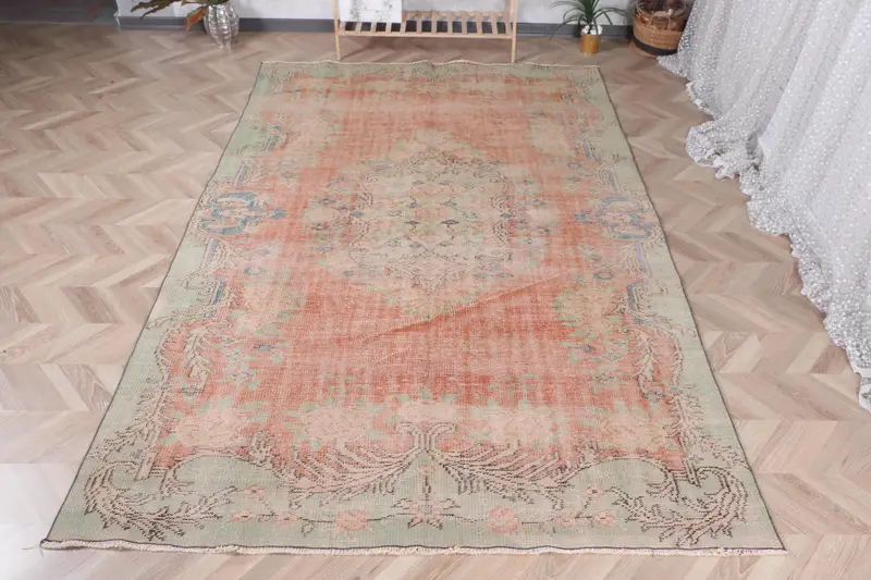 Handmade Orange Rug, 5,2x9,6 ft Striped with Geometric Shapes