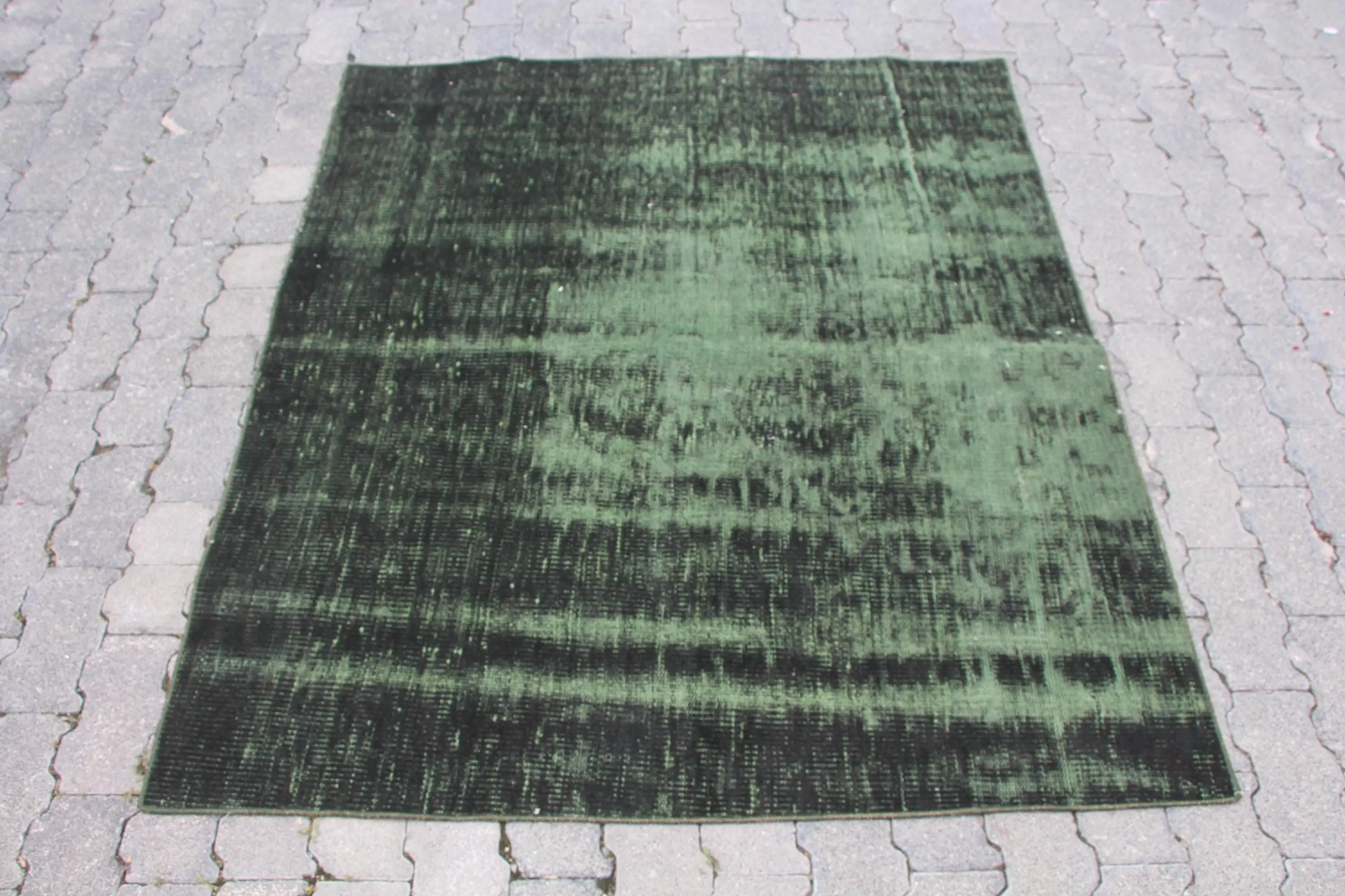 4.2x4.9 ft Vintage Halı, Türk Vurgulu Halı, Yeşil Siyah Kareli Halı - 1