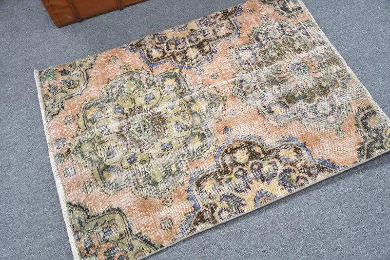 2,9x3,7 ft Oushak Teppich, türkischer Vintage Teppich, braun blau umrandeter Teppich - 1
