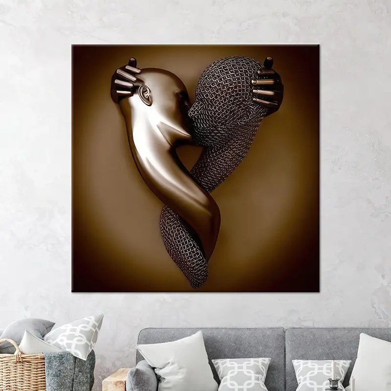 Romantic 3D Metallic Canvas: Erotic Hugging Couple Art Print