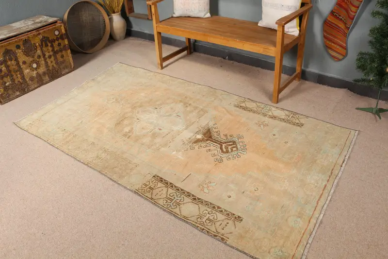 Canlı Turuncu Halı, 4,1x7,5 ft Yeşil Bitki Desenli