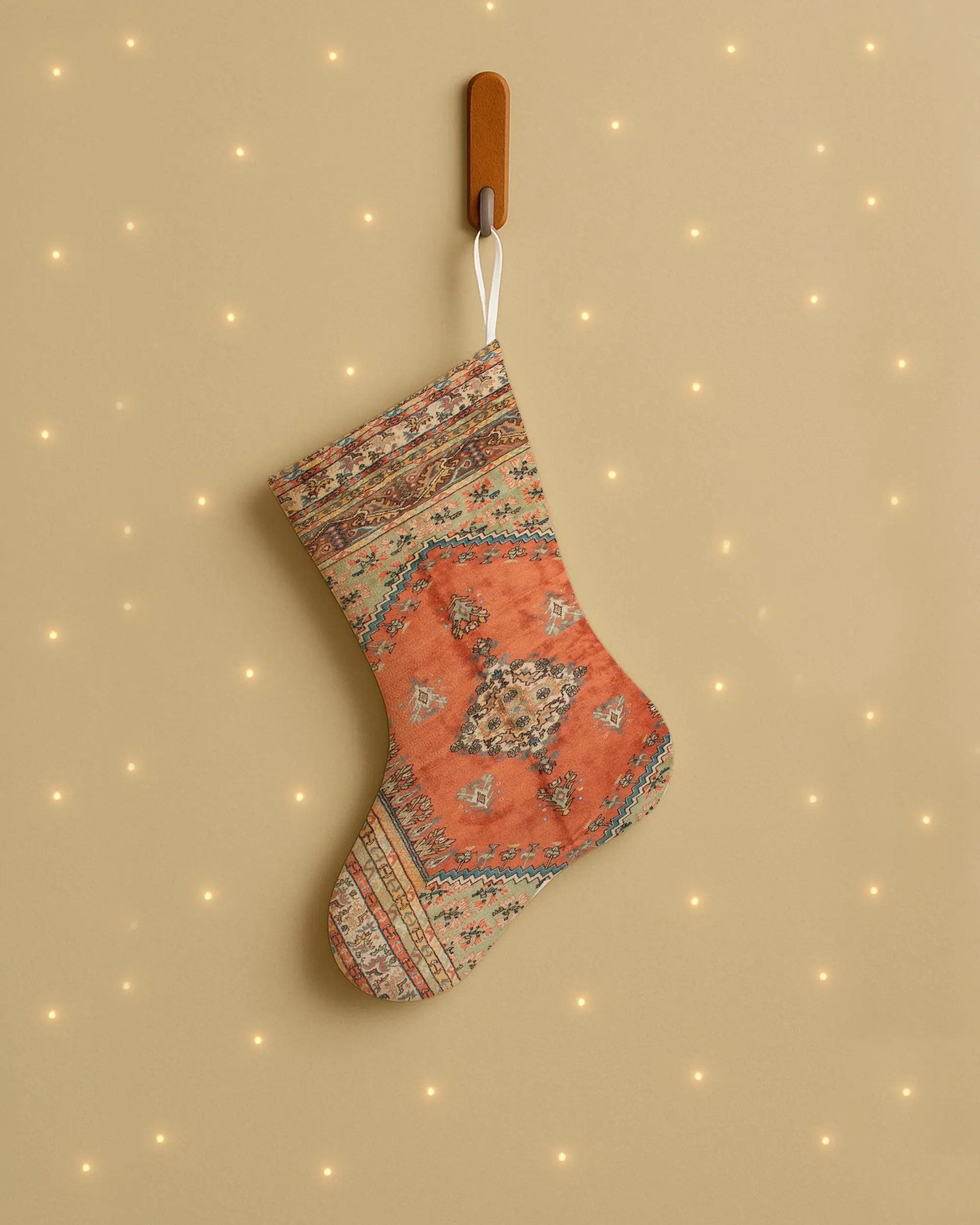 Festive Orange & Beige Christmas Stocking, Unique Ornament Pattern - 1