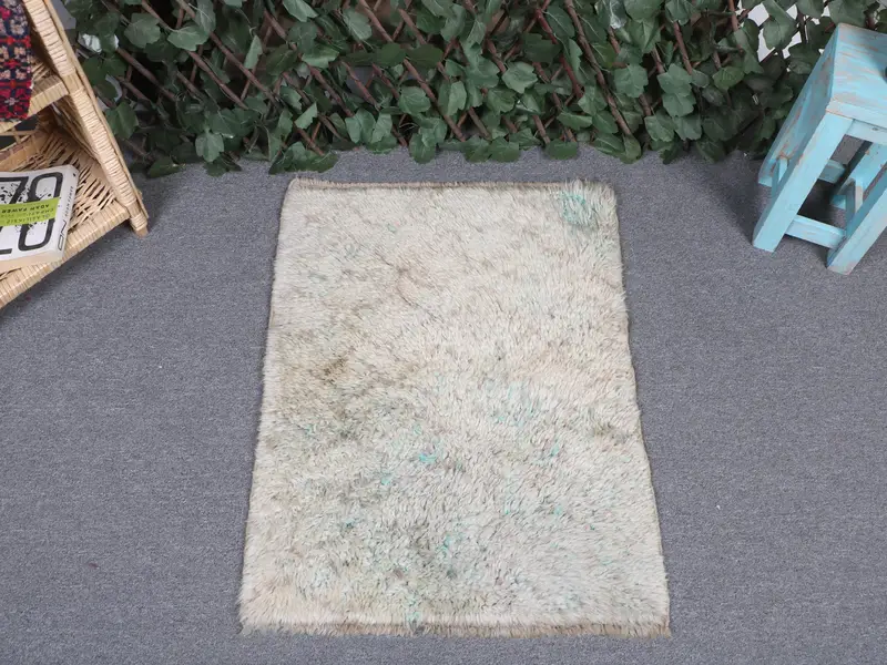 Beige Moroccan Rug with Blue Accents, 2x2.7 ft