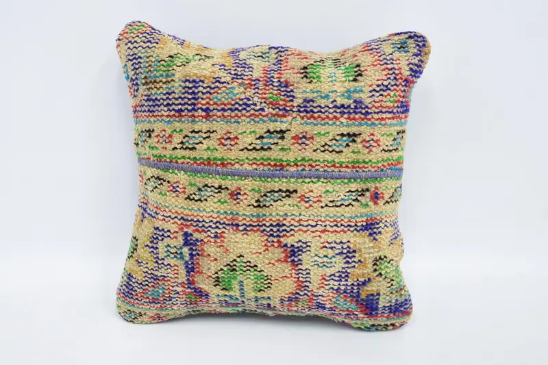 El Dokuma Atmalı Bej Euro Sham, Antik 16x16 inç Kare Yastık Kılıfı - 1