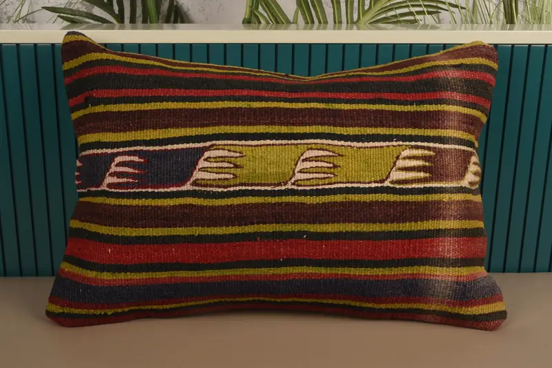 Striped Throw Red Pillow Cover, Wool Moroccan 16x24 inch Pillowcase - 1