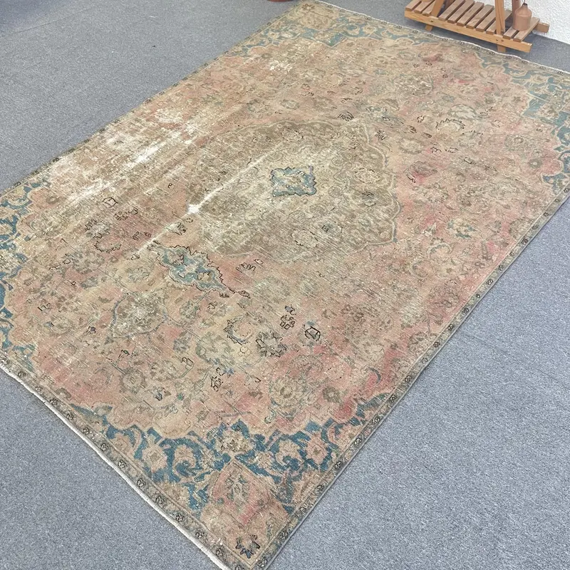 6.9x9.3 ft Turkish Rug, Vintage Large Rug, Brown Blue Solid Rug - 1