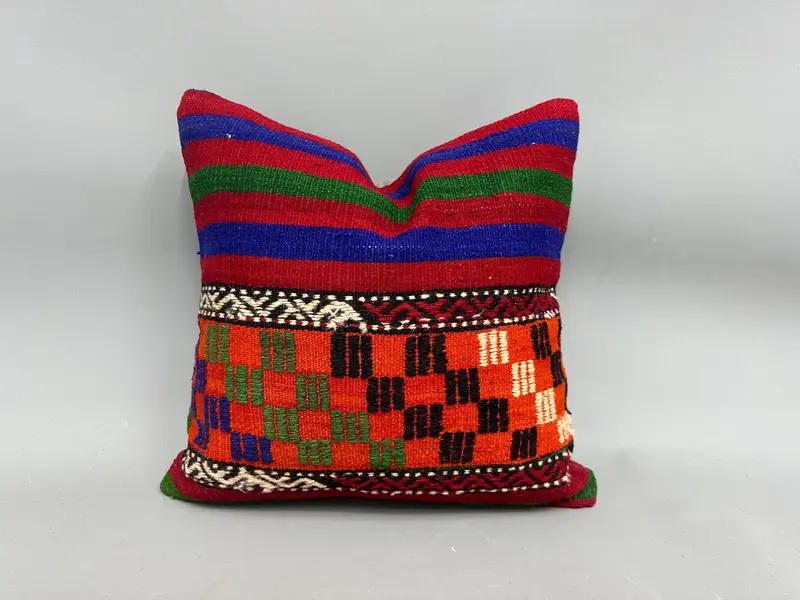 Cushion, 18x18 Blue Pillow, Decorative Throw Cushion, Aztec Pillow, Boho Pillow, Turkish Pillow, Vintage Kilim Pillow - 1