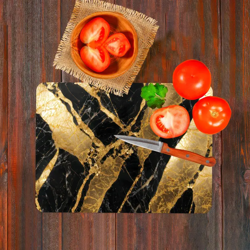 Black Marble Glass Cutting Board with Gold Tile Design