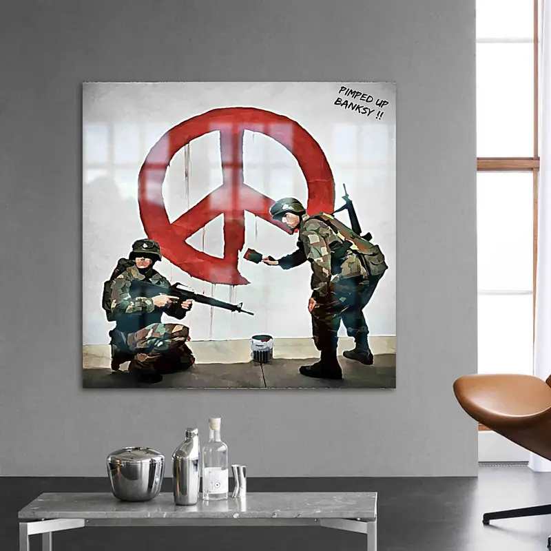 エレガントなプリントガラス: バンクシーの戦争と平和のテーマ