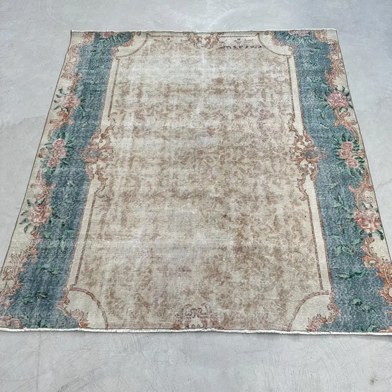Turkish Vintage Rug 6.5x7.1 ft (198x217 cm), Oushak Brown Wool Rug - 1