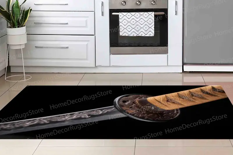 Bedruckter Teppich mit Samuraischwert-Katana-Klingenornament für modernes Dekor