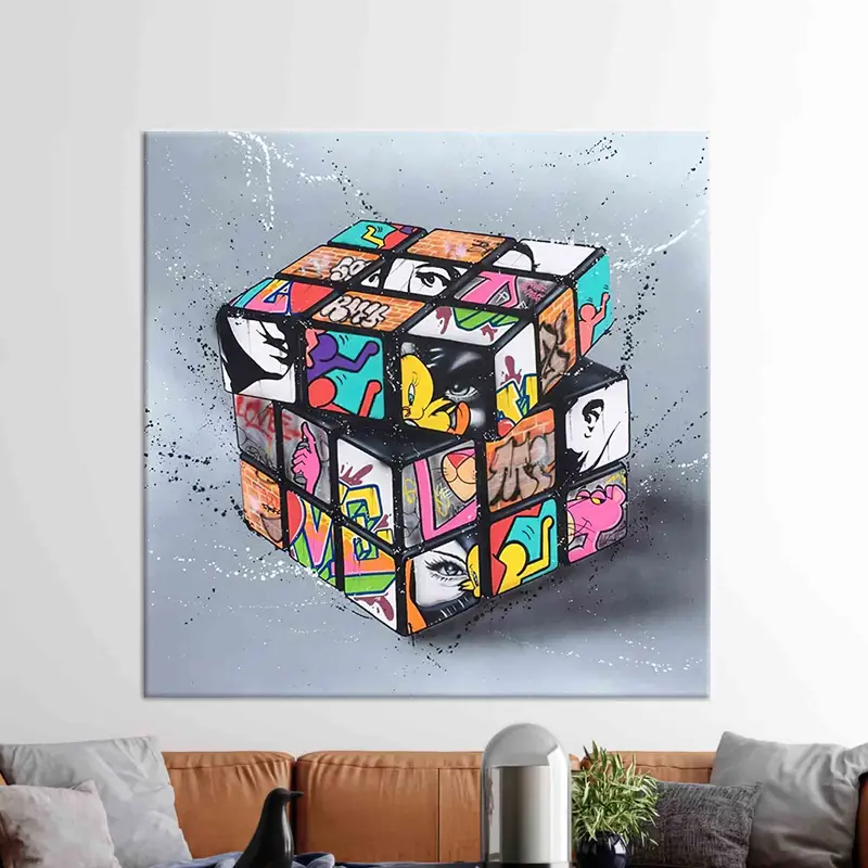 Vibrante lienzo de graffiti del cubo de Rubik - Arte moderno de la sala de juegos