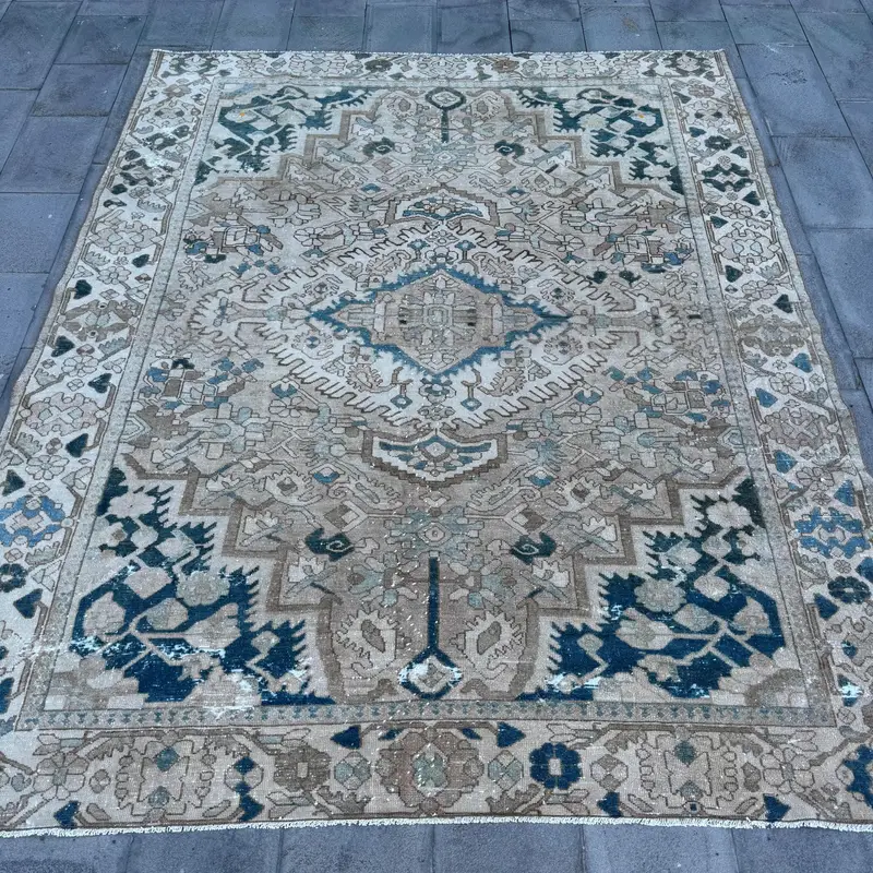 Turkish Vintage Oversize Rug 7.6x9.3 ft (232x284 cm), Blue Oushak Rug - 1