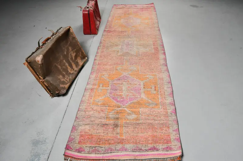 3x11,6 ft türkischer Teppich, Vintage Läuferteppich, orangefarbener Camouflage-Wollteppich - 1