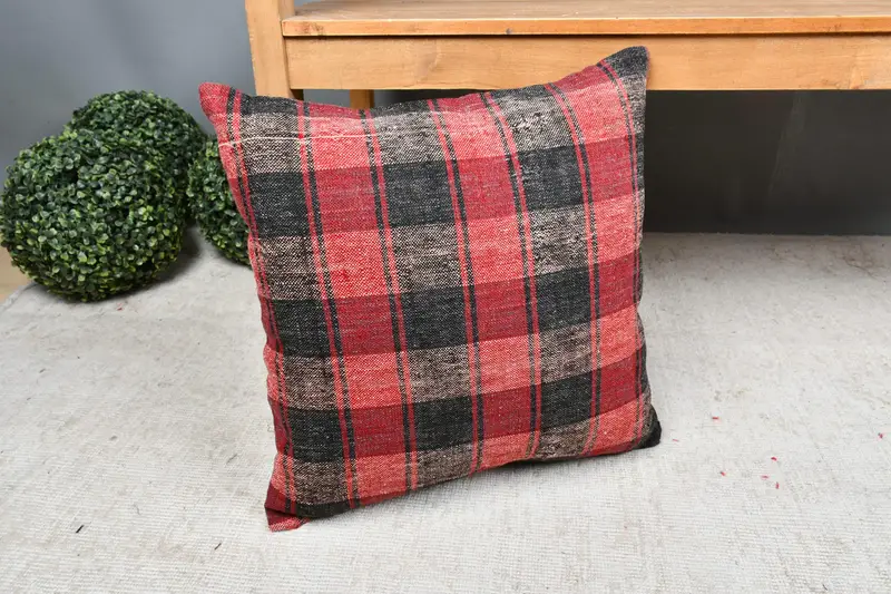 Cubierta de almohada estética, almohadas antiguas, almohada de kilim turco, caja de cojín, almohada de decoración del hogar, cubierta de cojín de lanzamiento de patrones, almohada roja de 18x18 - 7