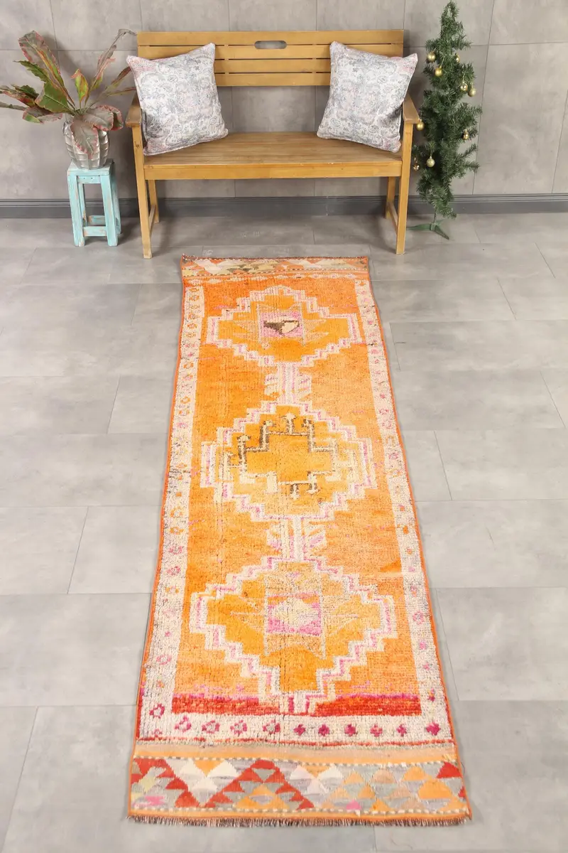 2.5x10 ft Turkish Rug, Vintage Runner Rug, Orange Pink Polka dot Rug - 1